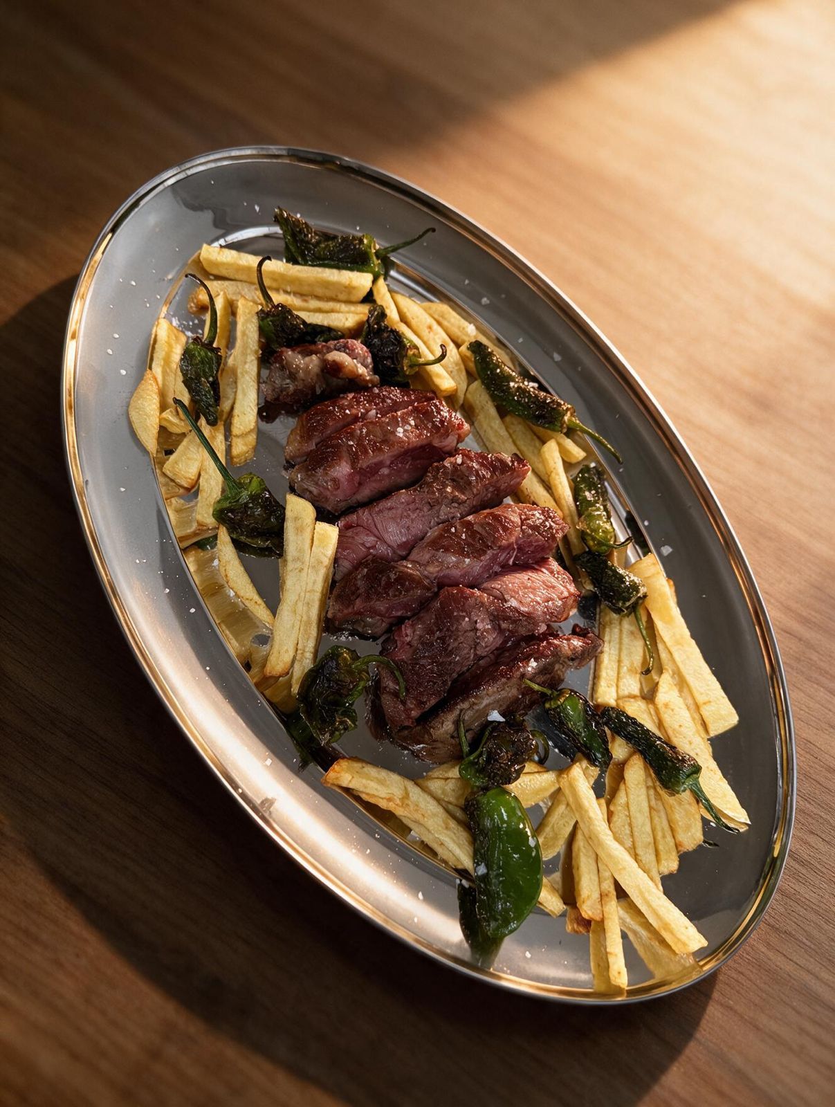 Entrecot con patatas y pimientos del Padrón
